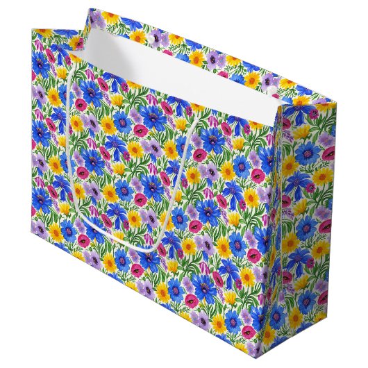 Vivid Blue Yellow Red Purple Flowers Pattern Groot Cadeauzakje (Voorkant Gekanteld)