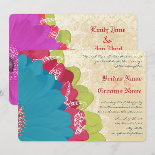 Vivid Coral Limoen & Grape Gerber Wedding Invite Kaart