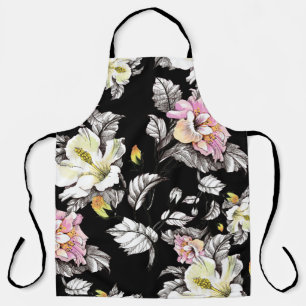 Vivid Floral Watercolor: Black Background Schort