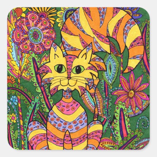 Vivid Garden Cat 2 Vierkante Sticker (Voorkant)