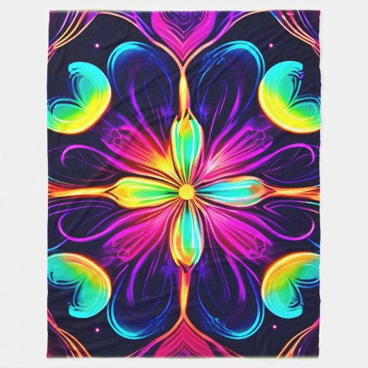 Vivid Neon Floral Mandala Art Fleece Deken (Voorkant)