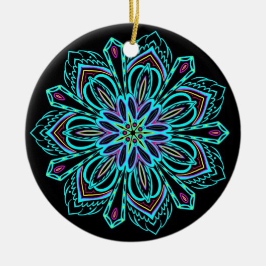 Vivid Neon Geometric Mandala over Black Bauble Keramisch Ornament (Voorkant)