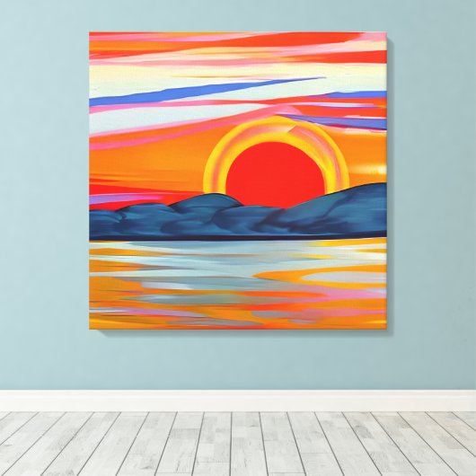 Vivid Ocean Sunset Over Mountains Canvas Afdruk (Insitu (Houten vloer))