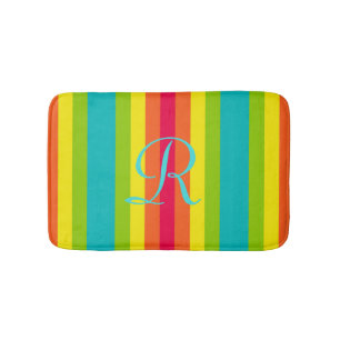 Vivid Rainbow Striped Aqua Monogrammed Plush Badmat