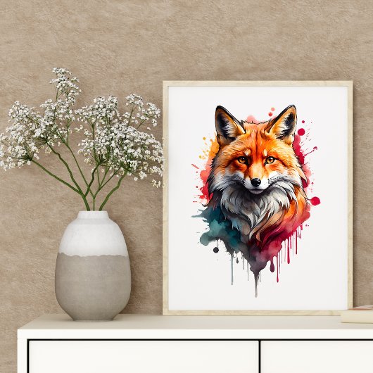 Vivid Red Fox Waterverf Splash Wall Art Poster