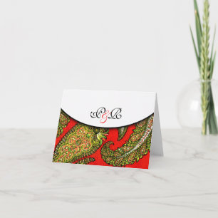 Vivid Red Paisley Monogrammed Note Kaart