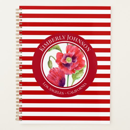 Vivid Red Poppies Floral Cercle Blanc rayures (Devant)