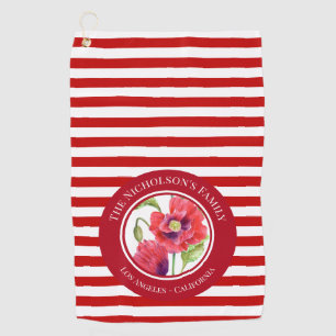 Vivid Red Poppies Floral Circle White Stripes Kitc Golfhanddoek