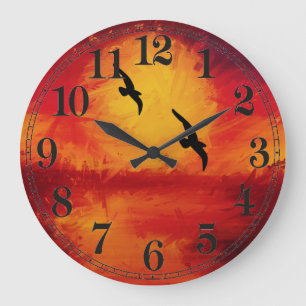 Vivid Waterverf Sunset met Birds Wall Clock Grote Klok