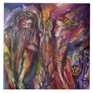 VIVIEN EN MERLIN Artrische Legende Waterverf Tegeltje