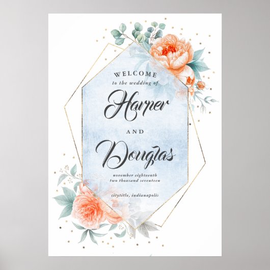 Vivre Coral Dusty Blue Flora Mariage Affiche de bi (Devant)