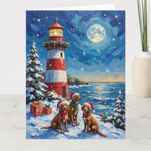 Vizsla Christmas Lighthouse Holiday Kaart (Voorkant)