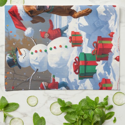 Vizsla hardlopen in de sneeuw met kerst Pet Theedoek (Gevouwen)