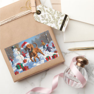 Vizsla hardlopend in de sneeuw met kerstmuts rechthoekige sticker