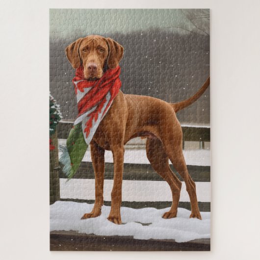 Vizsla Hond in Sneeuw Kerstmis Legpuzzel (Verticaal)