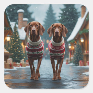 Vizsla Honden Kerst Sneeuw Feestdag Vierkante Sticker