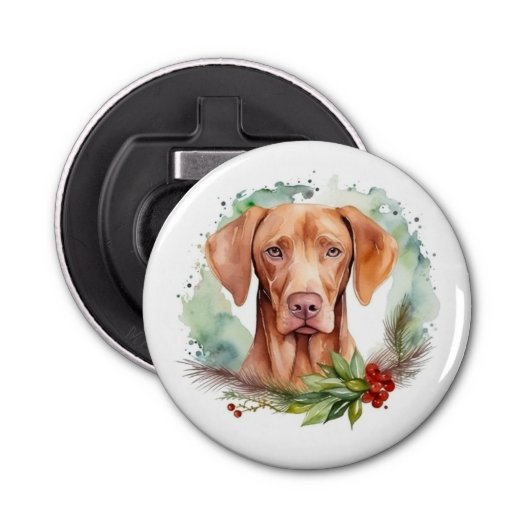 Vizsla Kerstkrans Feestelijke Pup Button Flesopener (Voorkant)