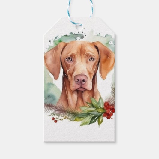 Vizsla Kerstkrans Feestelijke Pup Cadeaulabel (Voorkant)