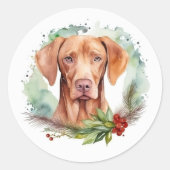 Vizsla Kerstkrans Feestelijke Pup Ronde Sticker (Voorkant)
