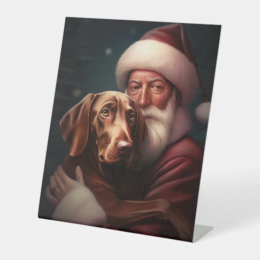 Vizsla met Sinterklaas Feestelijke Kerstmis Reclamebord Met Voetstuk (Voorkant)