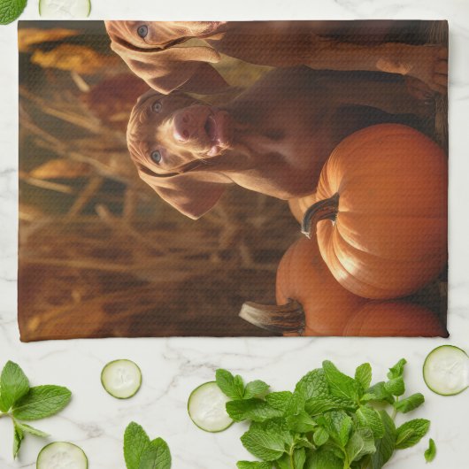 Vizsla Puppy Herfst Delight Pompoen Theedoek (Gevouwen)