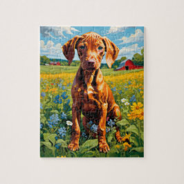 Vizsla Puppy op gebied van Wildflower assortiment Legpuzzel