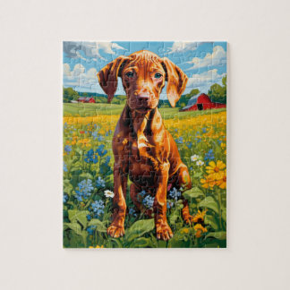 Vizsla Puppy op gebied van Wildflower assortiment Legpuzzel