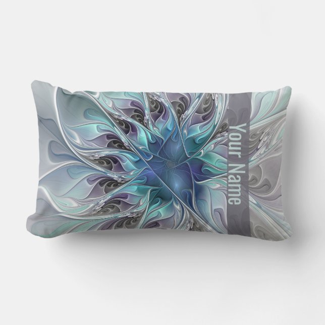 Vlaams Abstract Modern Fractal Flower Blue Name Kussen (Voorkant)