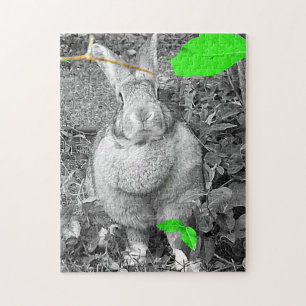 Vlaams reuzenkonijn B & W met groene bladeren Legpuzzel