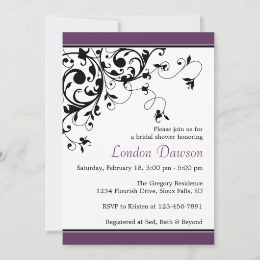 Vlaams Zwirl Eggplant Bridal Shower Invitations Kaart (Voorkant)