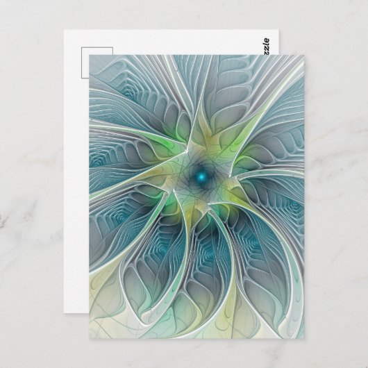 Vlaanderen Fantasy Modern Blue Green Fractal Flowe Briefkaart (Voorkant / Achterkant)