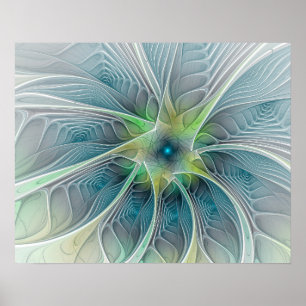 Vlaanderen Fantasy Modern Blue Green Fractal Flowe Poster