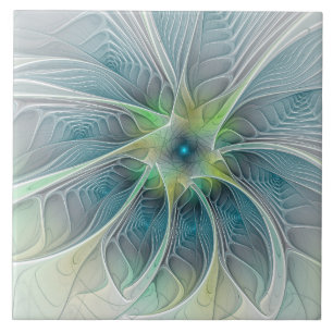 Vlaanderen Fantasy Modern Blue Green Fractal Flowe Tegeltje