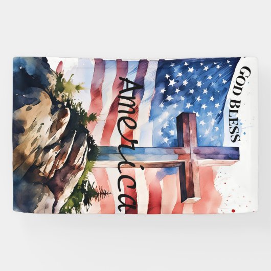 Vlag en kruis "God zegene Amerika" Spandoek (Horizontaal)