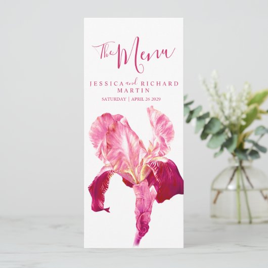 Vlag iris roze rode bloemen trouwmenu menu (Staand voorkant)