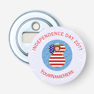 Vlag met engel voor Onafhankelijkheidsdag VS Perso Button Flesopener
