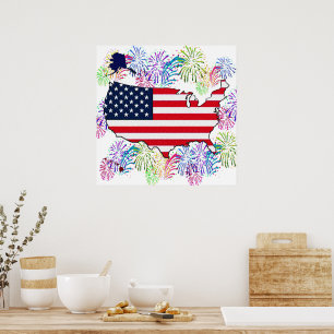 Vlag van de VS Kaart en Vuurwerk met Textuur Poster