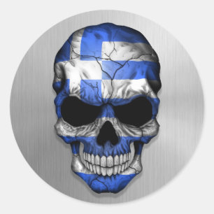 Vlag van Griekenland op een Steel Skull Graphic Ronde Sticker
