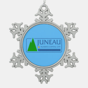 Vlag van Juneau, Alaska Snowflake Pewter Kerstmis Tin Sneeuwvlok Ornament