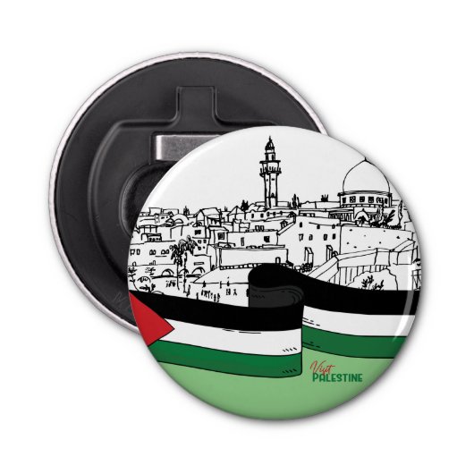 Vlag van Palestina en oude huizen met de hand gete Button Flesopener (Voorkant)