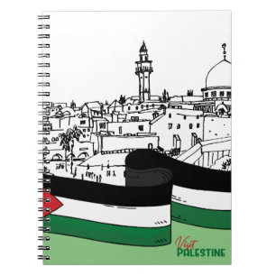 Vlag van Palestina en oude huizen met de hand gete Notitieboek