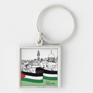 Vlag van Palestina en oude huizen met de hand gete Sleutelhanger