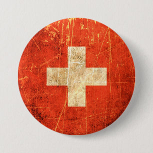 vlag van Zwitserland, gescrateerd en versleten Ronde Button 7,6 Cm