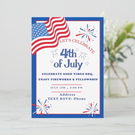 Vlag & Vuurwerk Patriottisch Feest Uitnodiging (Staand voorkant)