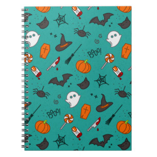 Vlak-Stijl Halloween Turquoise Patroon. Notitieboek