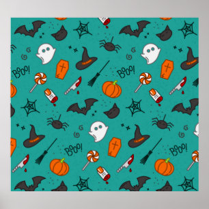Vlak-Stijl Halloween Turquoise Patroon. Poster