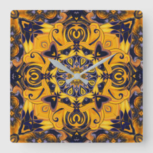 Vlamhart Blauw en gouden wandklok Vierkante Klok