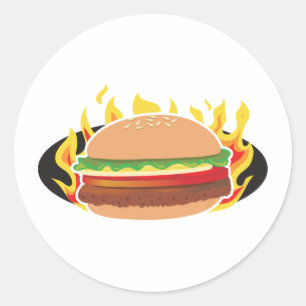 Vlammende hamburger ronde sticker