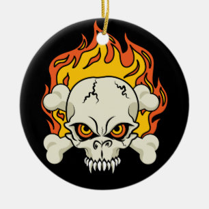 Vlammende Schedel en Gekruiste Botten Keramisch Ornament