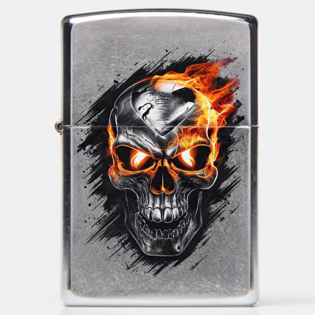 Vlammende schedel - Metalen Gravure Art Zippo aans (Voorkant)